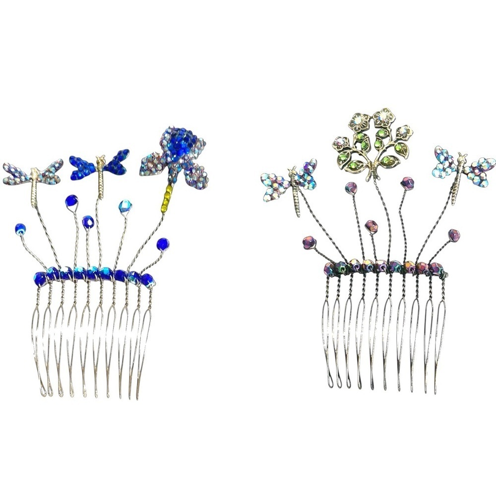 Vintage Butterfly Floral Rhinestone Wired Hair Combs Set of 2